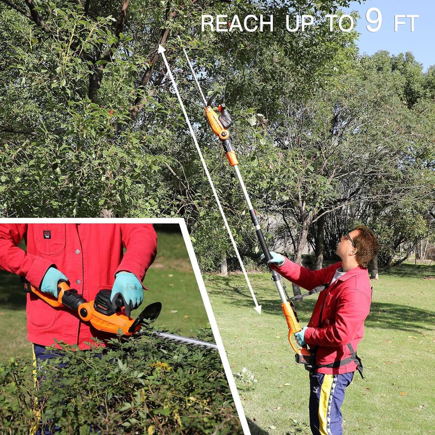 GARCARE 2 in 1 Pole Hedge Trimmer Cordless Long Reach with 20V 4.0Ah Battery and Quick Charger (20inch Cutting Blade Length, 7/10 inch Cutting Capacity, 1200rpm)