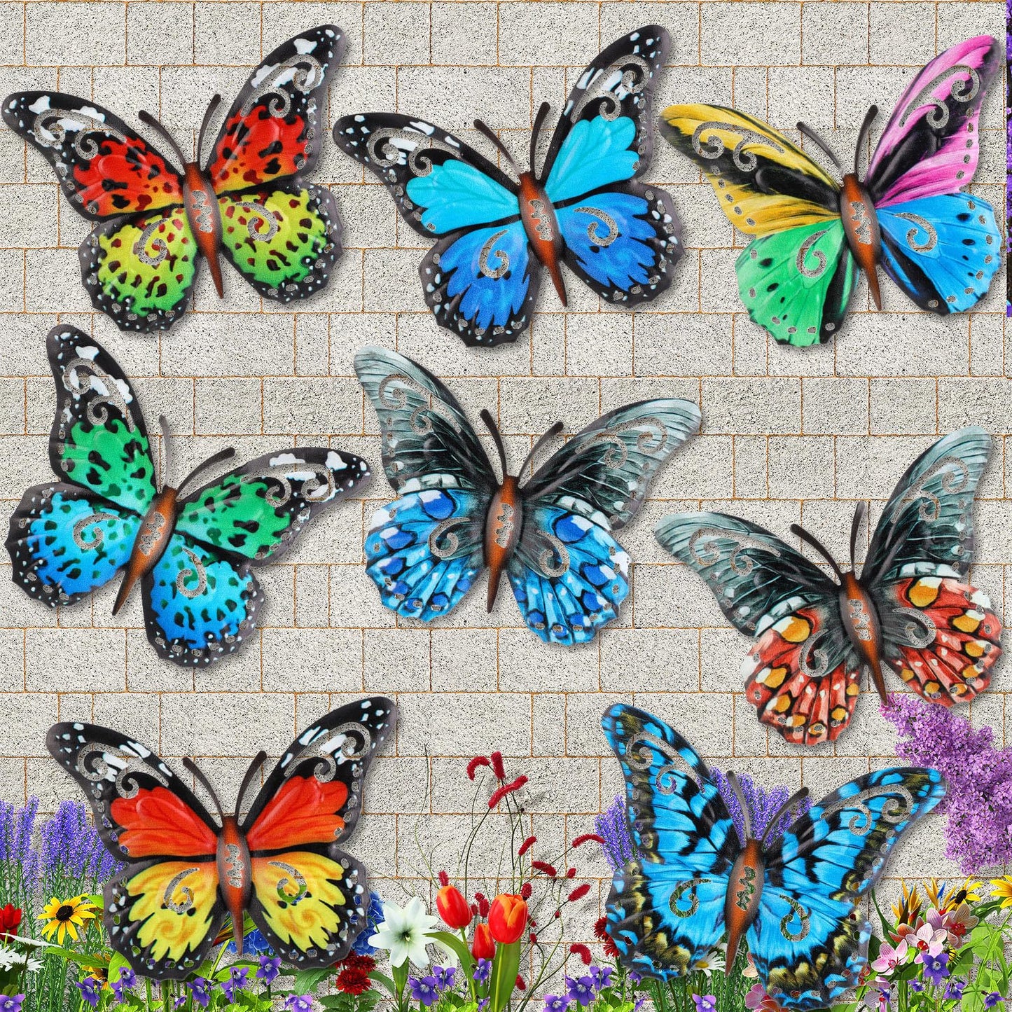 Jetec 8 Pcs Metal Butterfly Wall Decor 6.5 Inch Outdoor Butterflies Wall Art Sculpture 3D Butterfly Hanging Decoration for Spring Outside Fence Garden Yard Home Patio Balcony(Stylish Style)