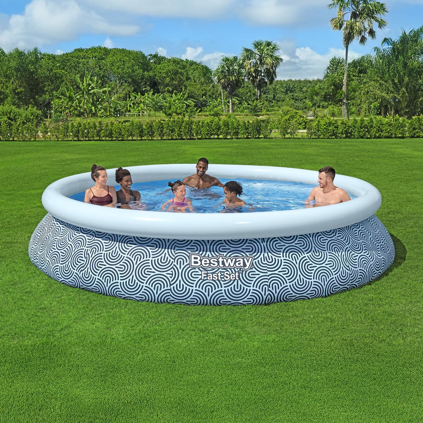 Bestway Fast Set 13' x 33" Round Inflatable Above Ground Swimming Pool Set, Outdoor Family Pool with Filter Pump, Rattan Print