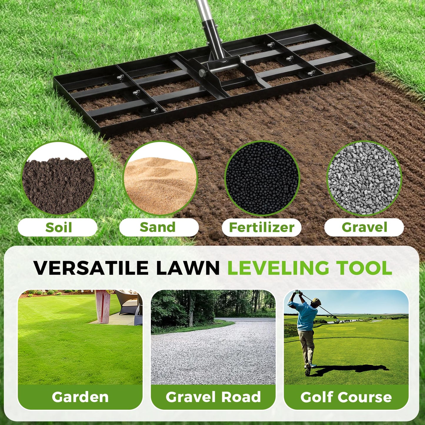 Lawn Leveling Rake, 30"x10" Stainless Steel Lawn Leveler with 76" Adjustable Handle, Heavy-Duty Yard Leveling Rake for Garden, Golf Course, Farm, Pasture, Professional Lawn Care Tool