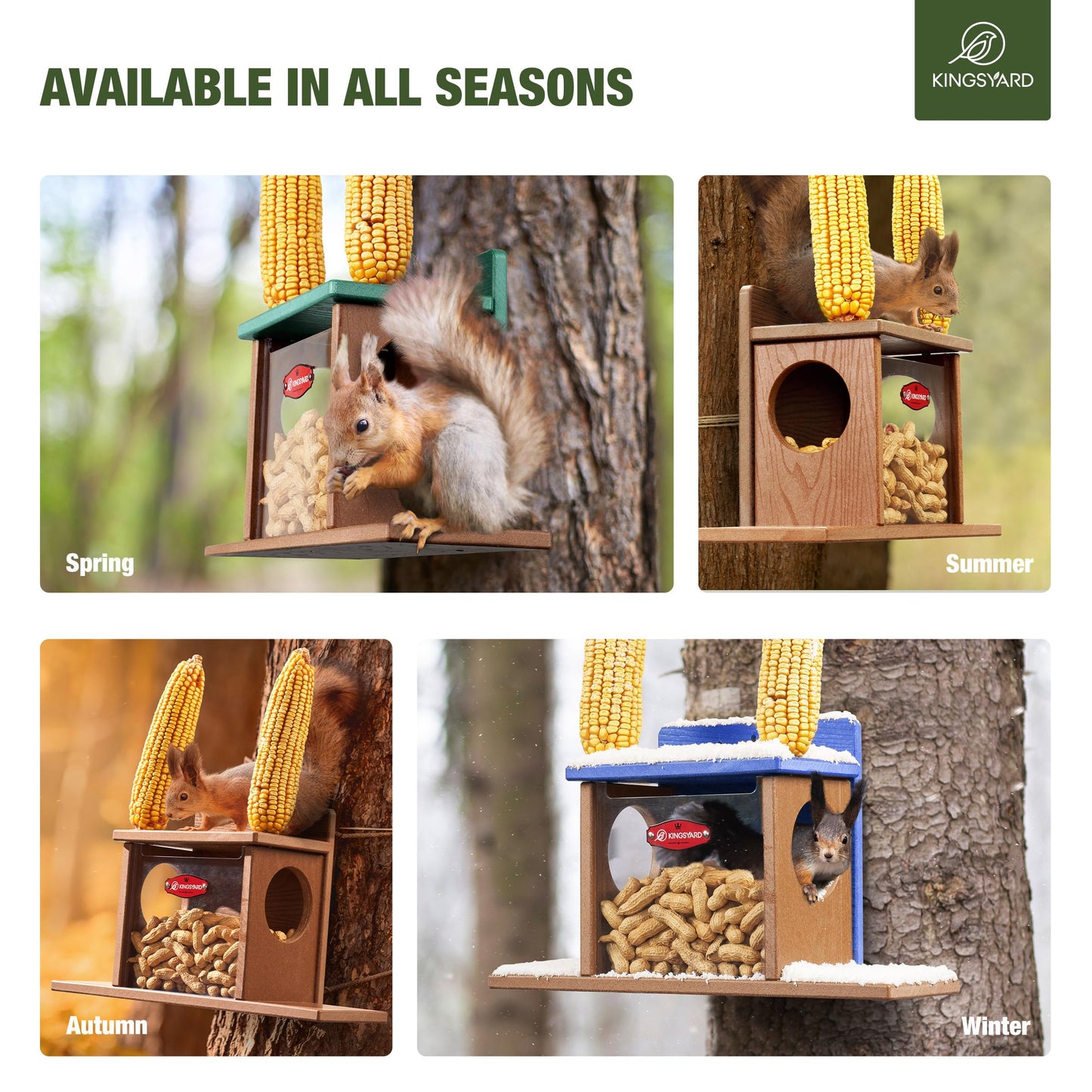 Kingsyard Squirrel Feeder Box for Outside, Recycled Plastic Squirrel Feeder Box with Corn Cob Holders, Easy to Refill & Clean, Weather-Proof Roof (Green)