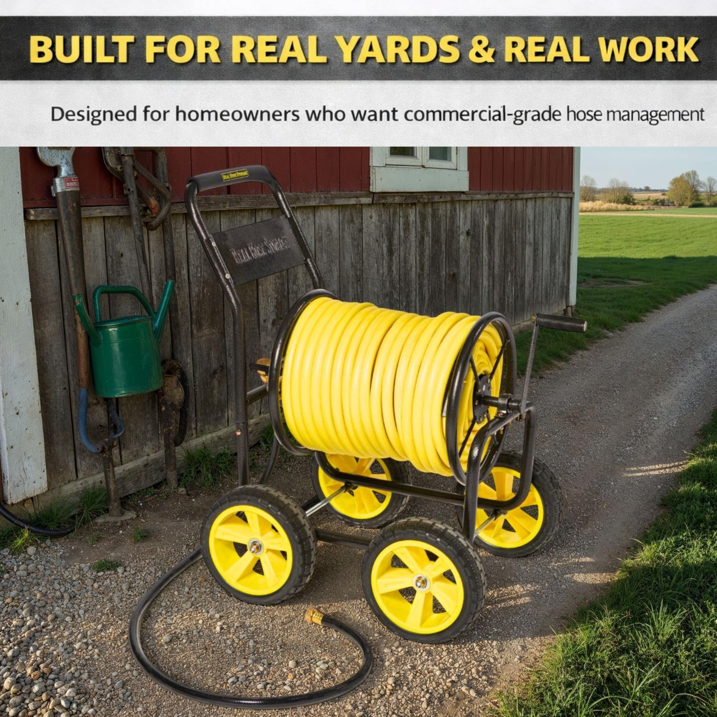 Real Hose Storage Garden Hose Reel Cart, Heavy Duty Hose Reel with Wheels, Outdoor Water Hose Reel for Backyard, Garden, or Lawn, Metal Hose Carts (250ft Hose Capacity)