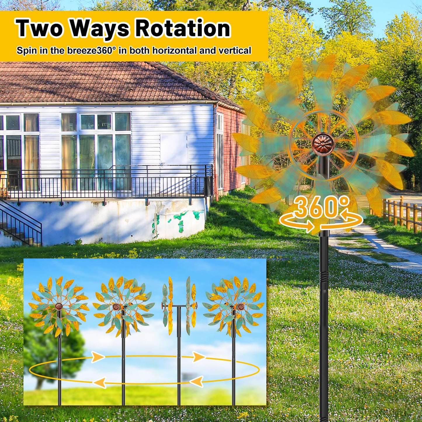 Metal Wind Spinners Outdoor, Kinetic Garden Wndmills,Yard Art Windmill with Metal Stake,Vintage Wind Sculptures & Spinners,Waterproof Pinwheels Large Wind Mill for Patio Lawn Yard Garden (Yellow+Blue)