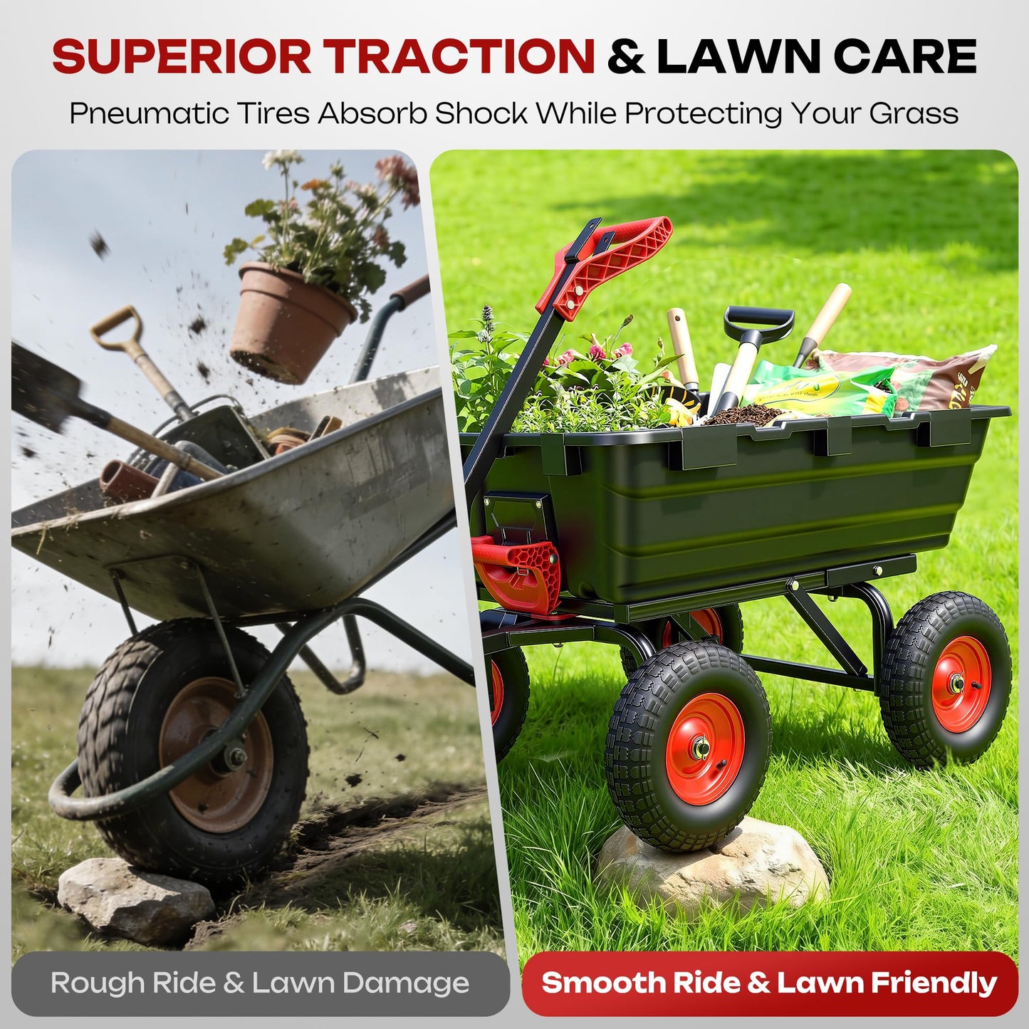Autodaya 1200lbs Garden Dump Cart,7 Cu.Ft Utility Wagon Cart with Hitch,Heavy Duty Yard Dump Wagon Wheelbarrows with 13" All Terrain Wheels & 2-in-1 Handle,Tow Behind for Lawn Mower Tractor ATV