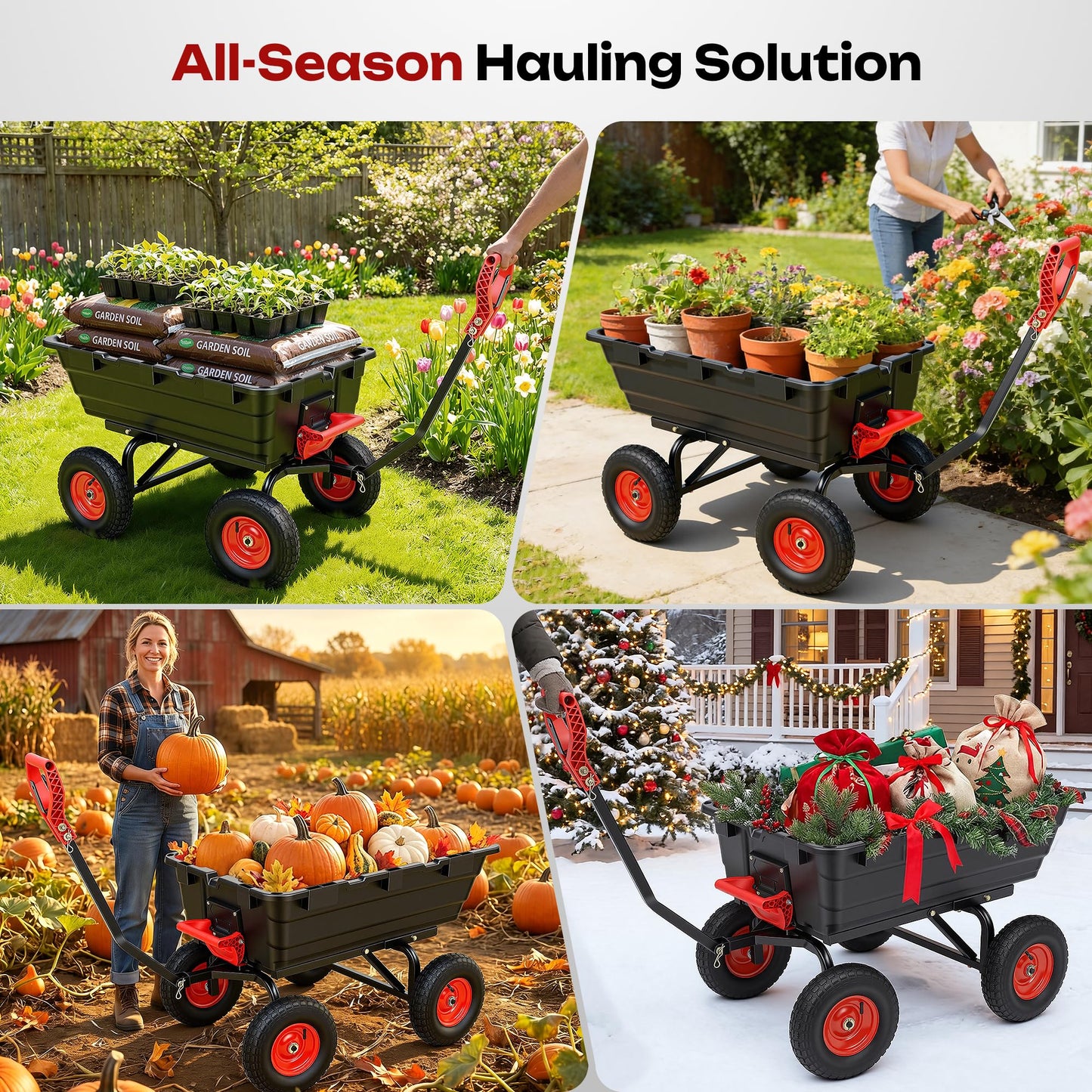 Autodaya 1200lbs Garden Dump Cart,7 Cu.Ft Utility Wagon Cart with Hitch,Heavy Duty Yard Dump Wagon Wheelbarrows with 13" All Terrain Wheels & 2-in-1 Handle,Tow Behind for Lawn Mower Tractor ATV
