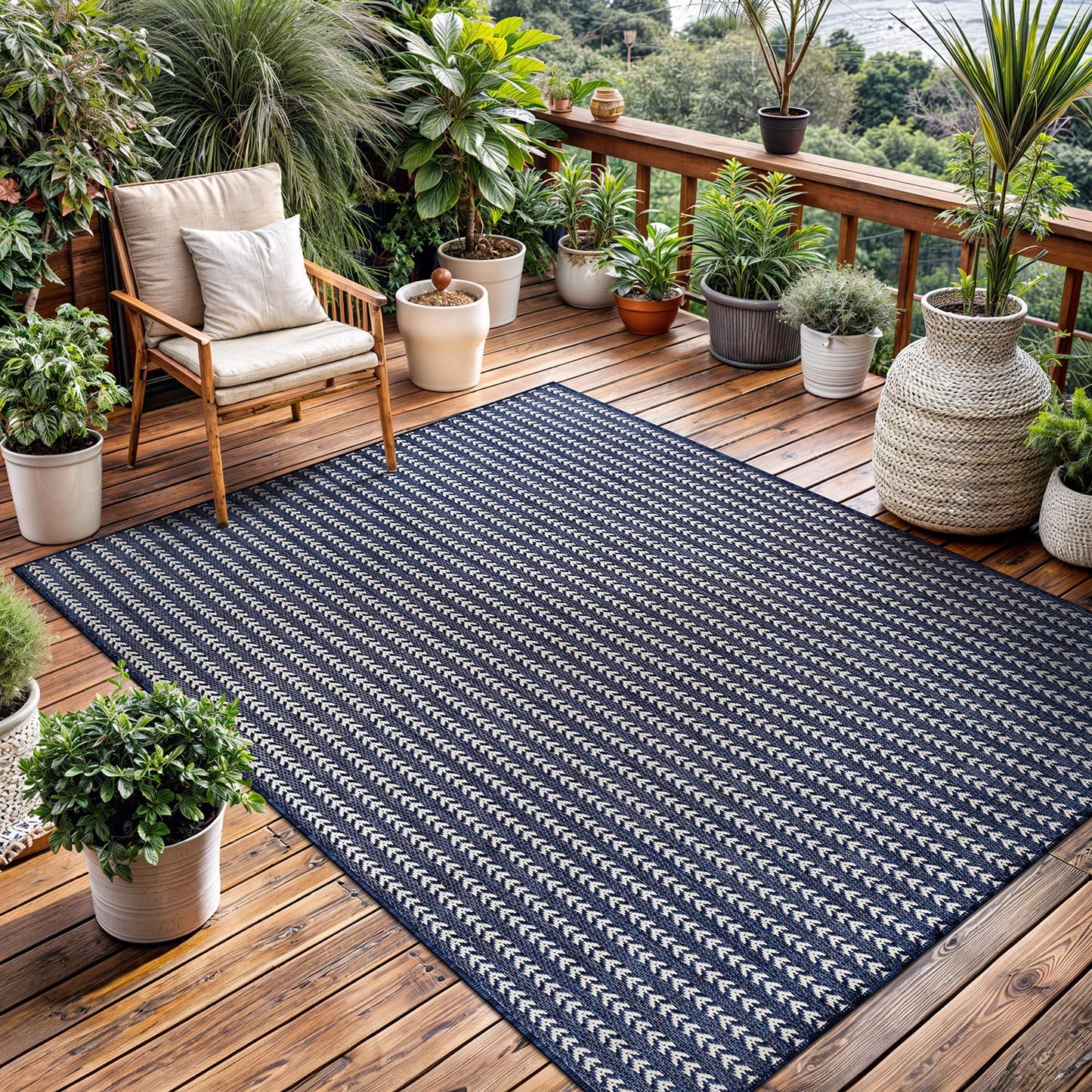 Washable Outdoor Rug 8x10 Modern Area Rugs Outdoor Carpets Striped Pattern Non Shedding Waterproof Easy Clean Patio Deck Porch Living Room Bedroom Garden RV (8 X 10 Navy)
