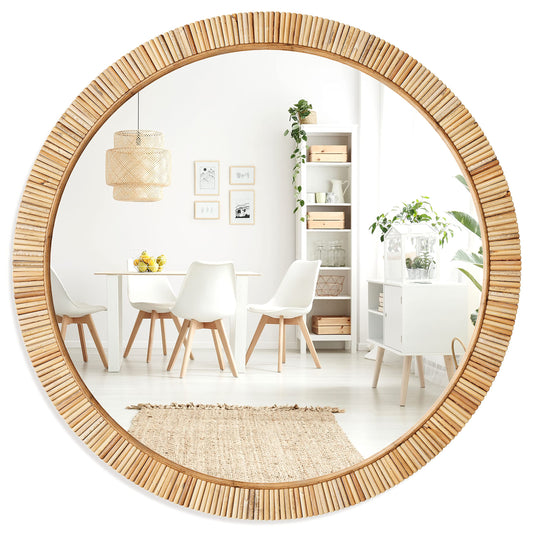 Barnyard Designs Round Rattan Wall Mirror, Natural Tan Woven Rattan Frame, Indoor Decorative Mirror for Bedroom Living Room Entryway (25.5", Round)