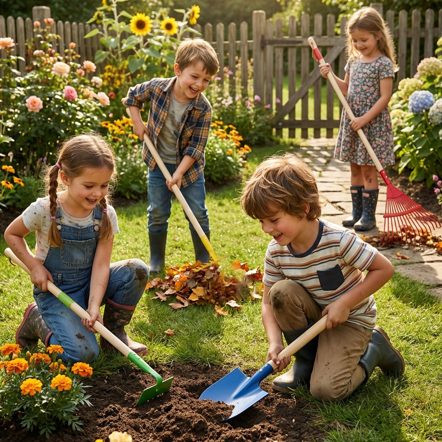 4-Piece Garden Tool Set with Shovel, Rake, Hoe, Leaf Rake - 2 Pairs of Gloves & 2 Storage Bags, Wooden Gardening Tools for Yard & Lawn Care