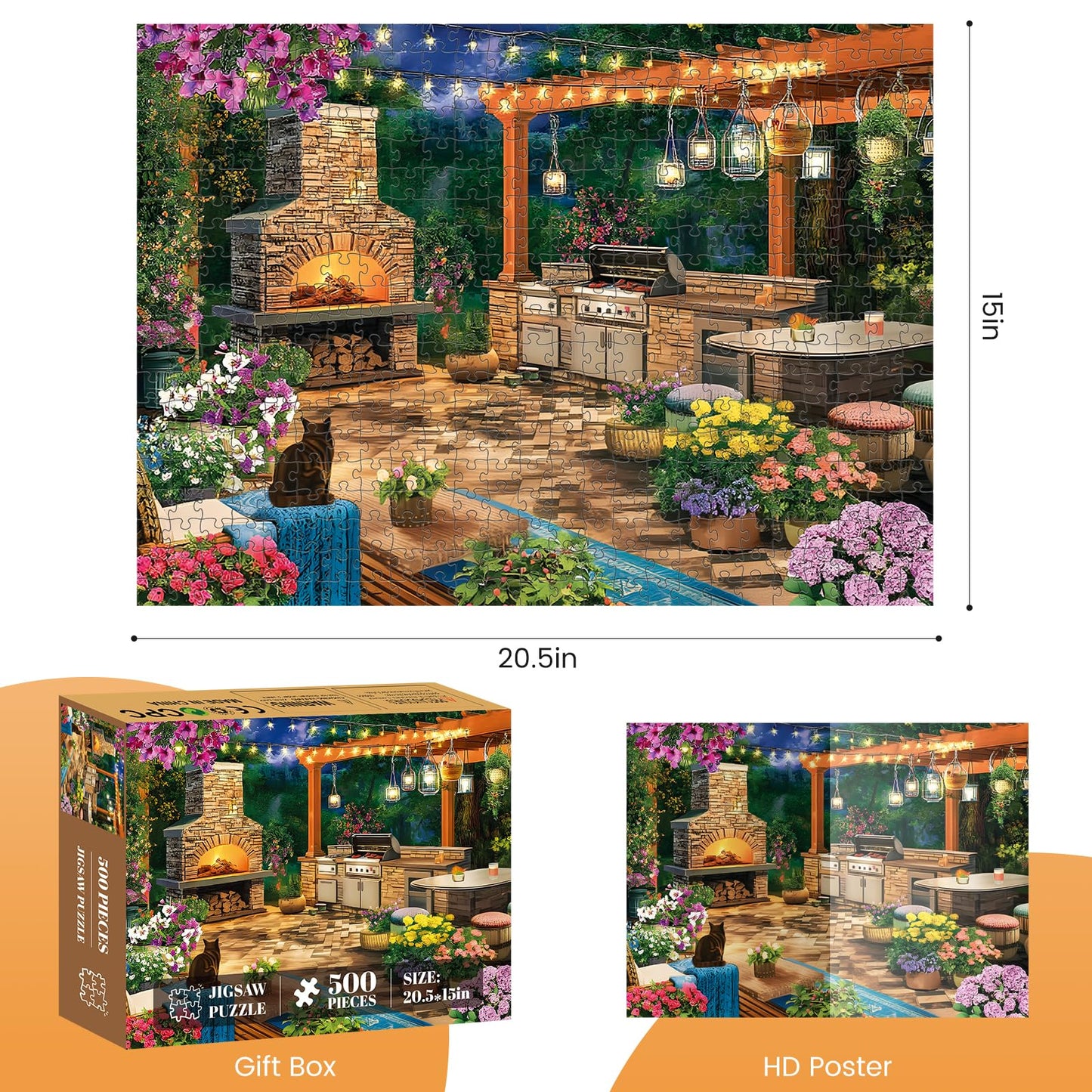 500 Piece Puzzles for Adults, Cozy Flowers Garden Patio with Fireplace Jigsaw Puzzle, Fun and Challenging Puzzle for Family Time, Relaxing Gift for Adults, Seniors, 20.5 x 15 in