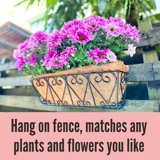 LaLaGreen Wall Planters - 2 Pack, 16 Inch Window Flower Boxes Outdoor, Deck Railing Hanging Metal Wire Basket Black with Coco Liners Horse Troughs Fence Balcony Garden Farmhouse Patio Porch Over Rail