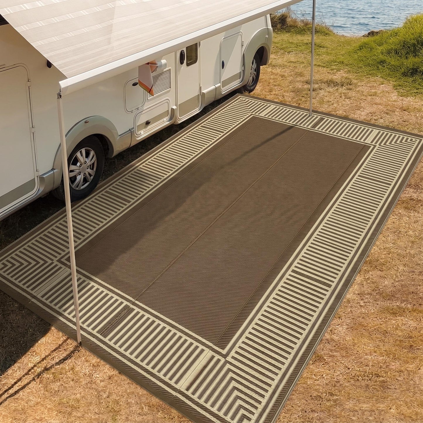 IDEALHOUSE Outdoor Rug 9'x18' Reversible Portable Lightweight Waterproof UV Resistant Plastic Straw Patio Mat for RV Camping Picnic Deck Backyard Peony Brown