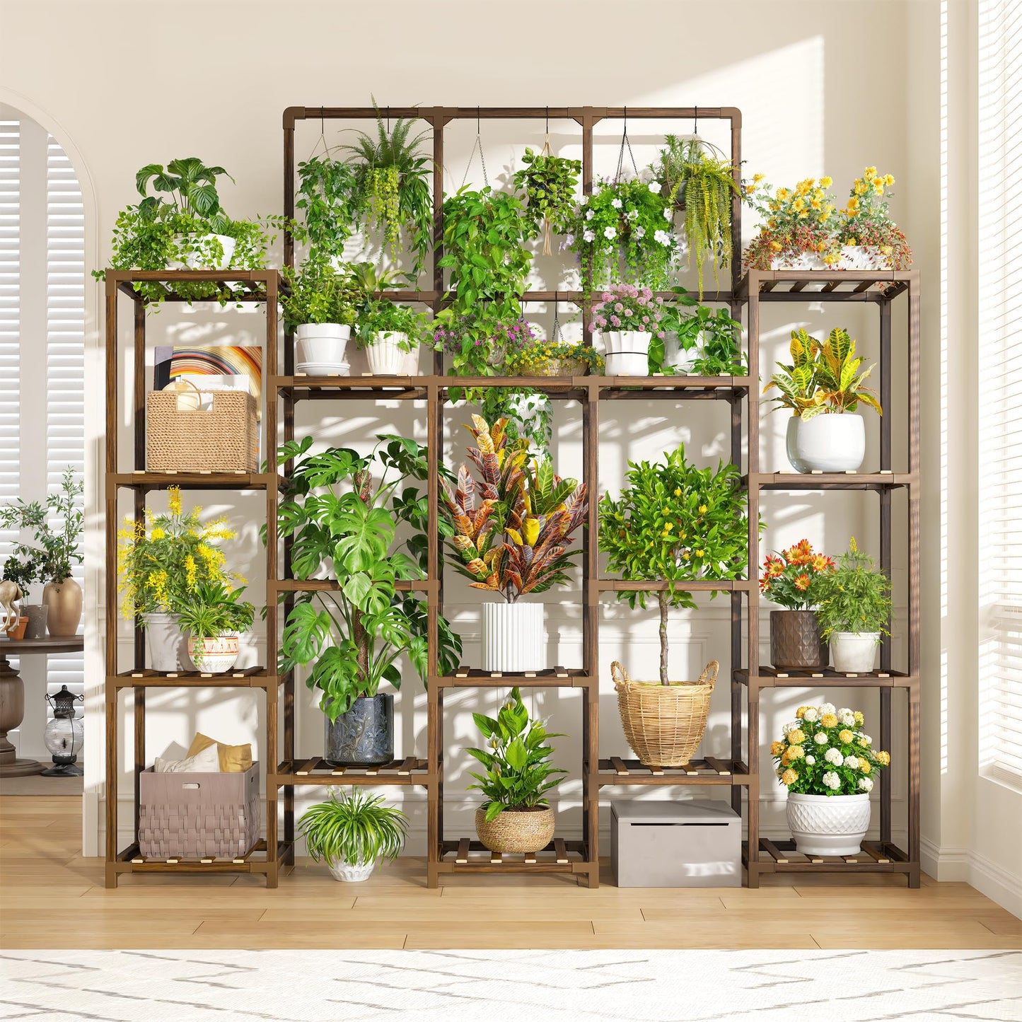 EnHomee Plant Stand Indoor Tall Plant Stand Outdoor Large Wood Plants Shelf with 18-22 Pots for Patio, Living Room, Garden, Balcony, 55.9" Wx63.1 Hx11.78 D