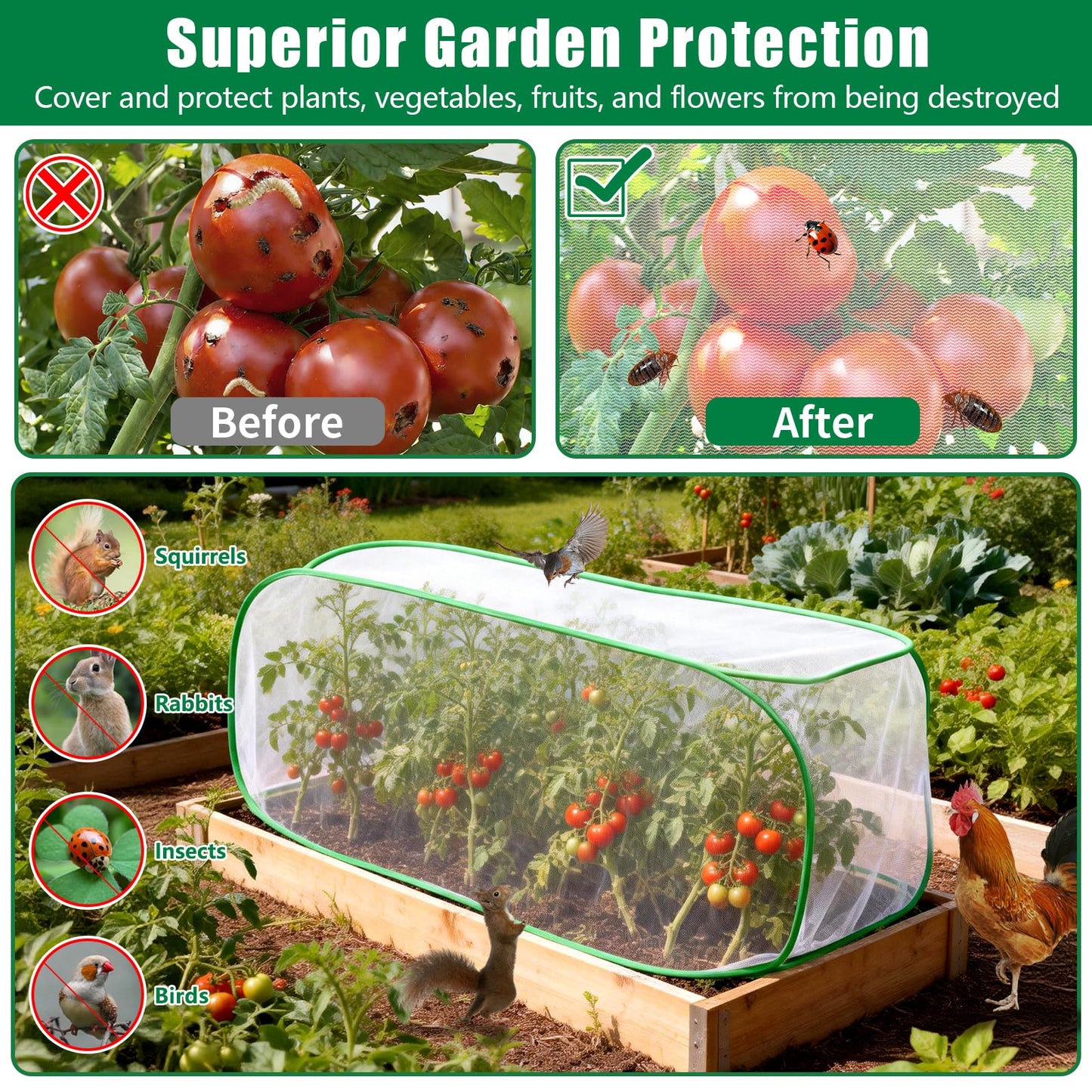 2PCS Garden Netting Covers for Raised Beds, 3.9 X 2FT Garden Raised Bed Cover with 10 Stakes, Plant Netting for Garden Protection, Insect Bird Pest Barrier for Vegetables Fruits Flowers Crops
