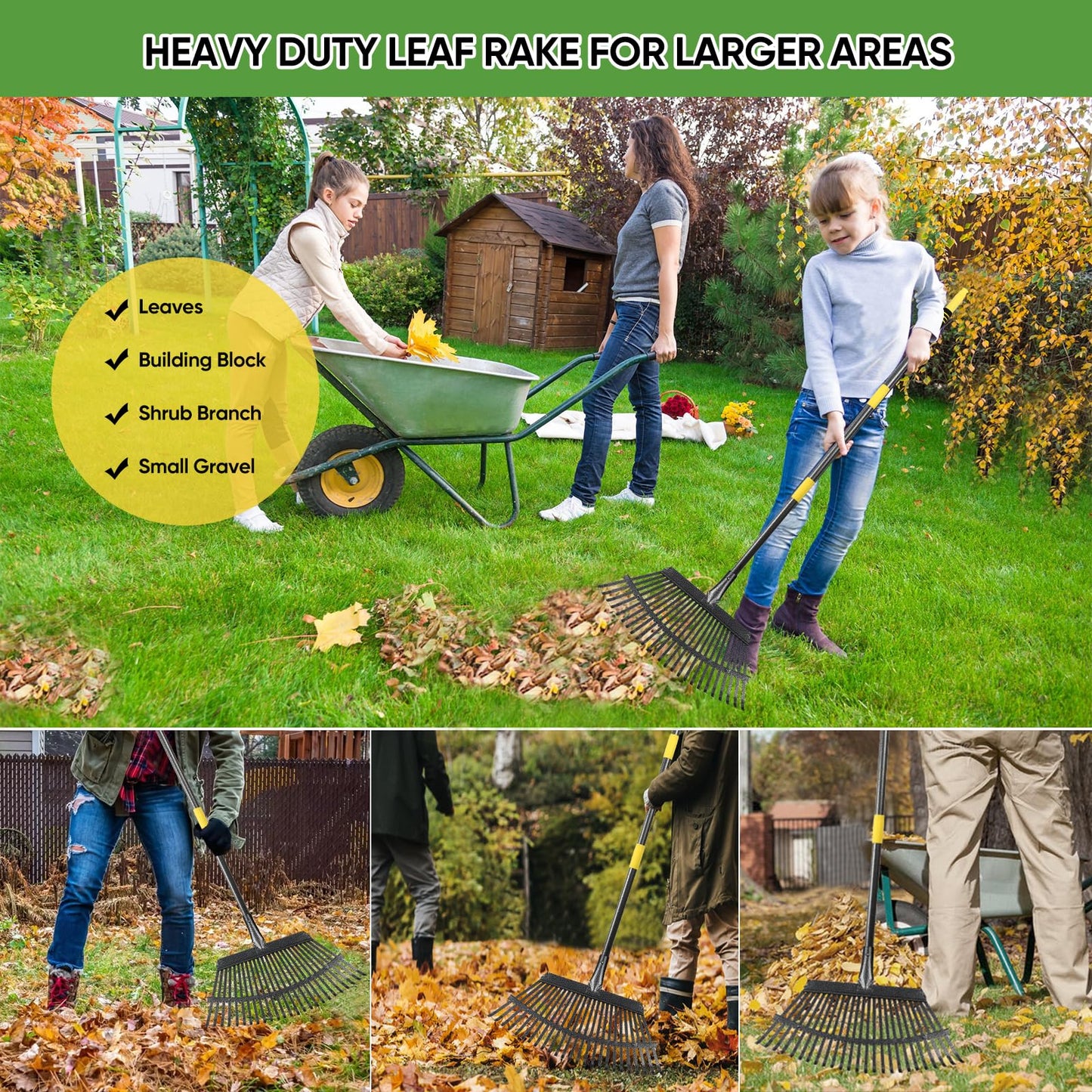 Coopvivi Garden Leaf Rakes, 6FT Rake for Lawns Heavy Duty 25 Metal Tines 18.5 inch Wide, Adjustable Steel Handle, Rakes for Leaves, Gathering Shrub, Grass, Yard