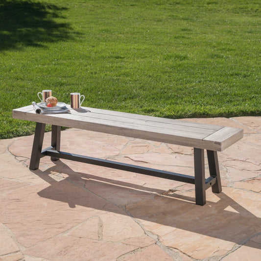 Merax Outdoor Acacia Wood Patio Bench, Garden Benches for Porch Park Yard Backyard Lawn, Grey+Black