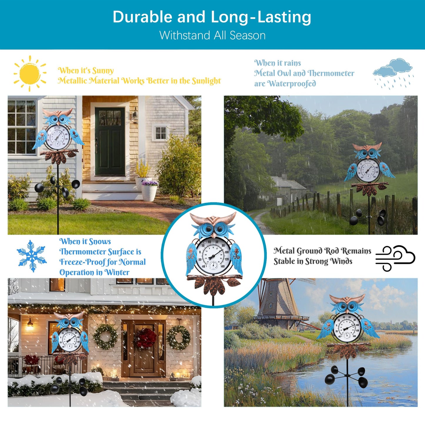 Senflame Outdoor Thermometer for Patio - Owl Garden Stake Thermometer with Wind Spinner Design - 60 inch Outside Temperature Gauge for Yard - Easy to Read, Durable & Weatherproof - Garden Decor
