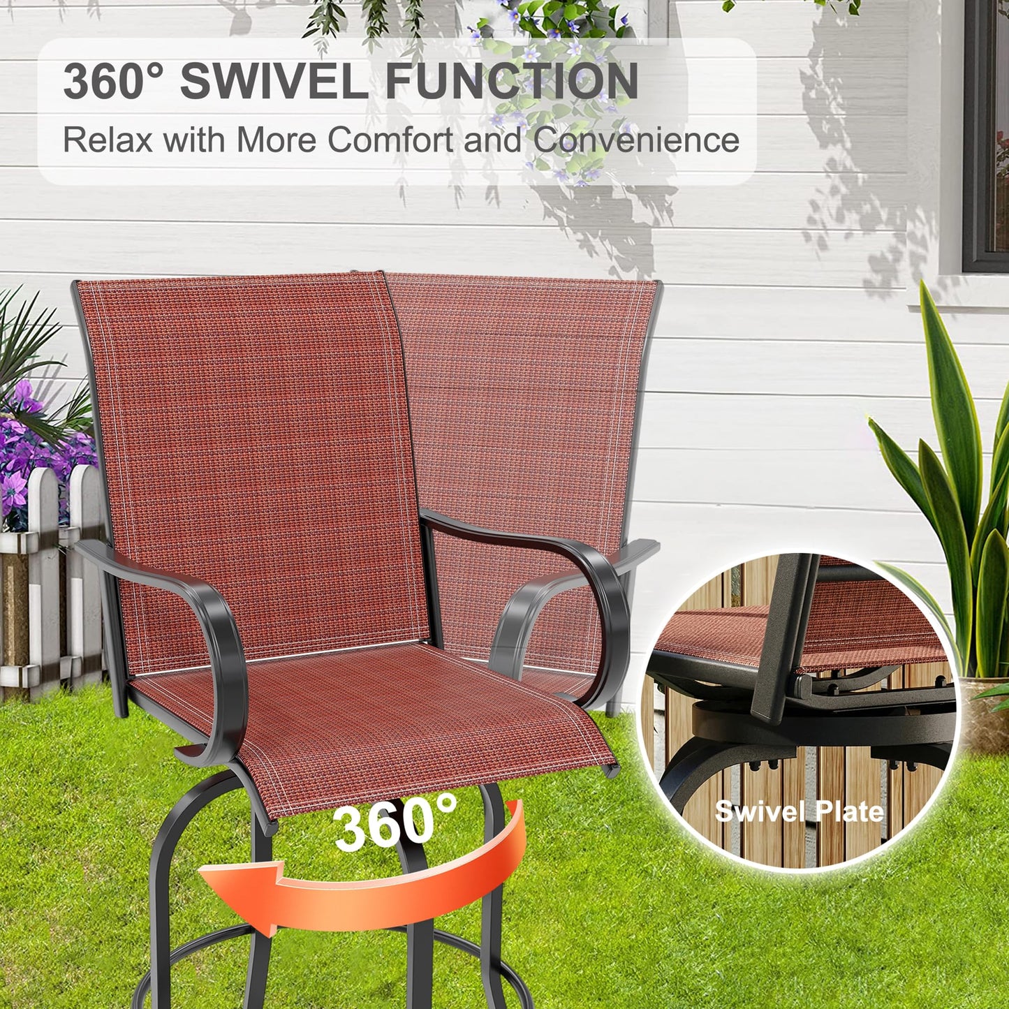 Outdoor Swivel Bar Stools Set of 2, Bar Height Patio Chairs with High Back & Armrest, All-Weather Textilene Fabric 360° Swivel Tall Barstools for Patio, Deck, Backyard, Garden