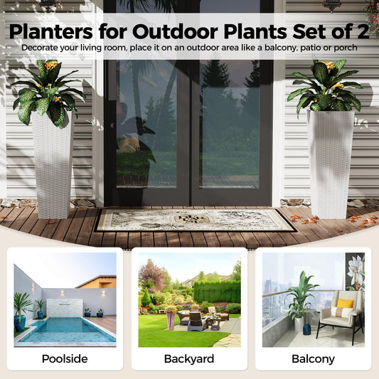 Set of 2 Tall Planters for Outdoor Plants, 32 Inch Outdoor Planters for Porch, Plant Pots for Trees Flowers, All-Weather Use with Drainage Holes for Indoor, Porch, Patio, Backyard, White