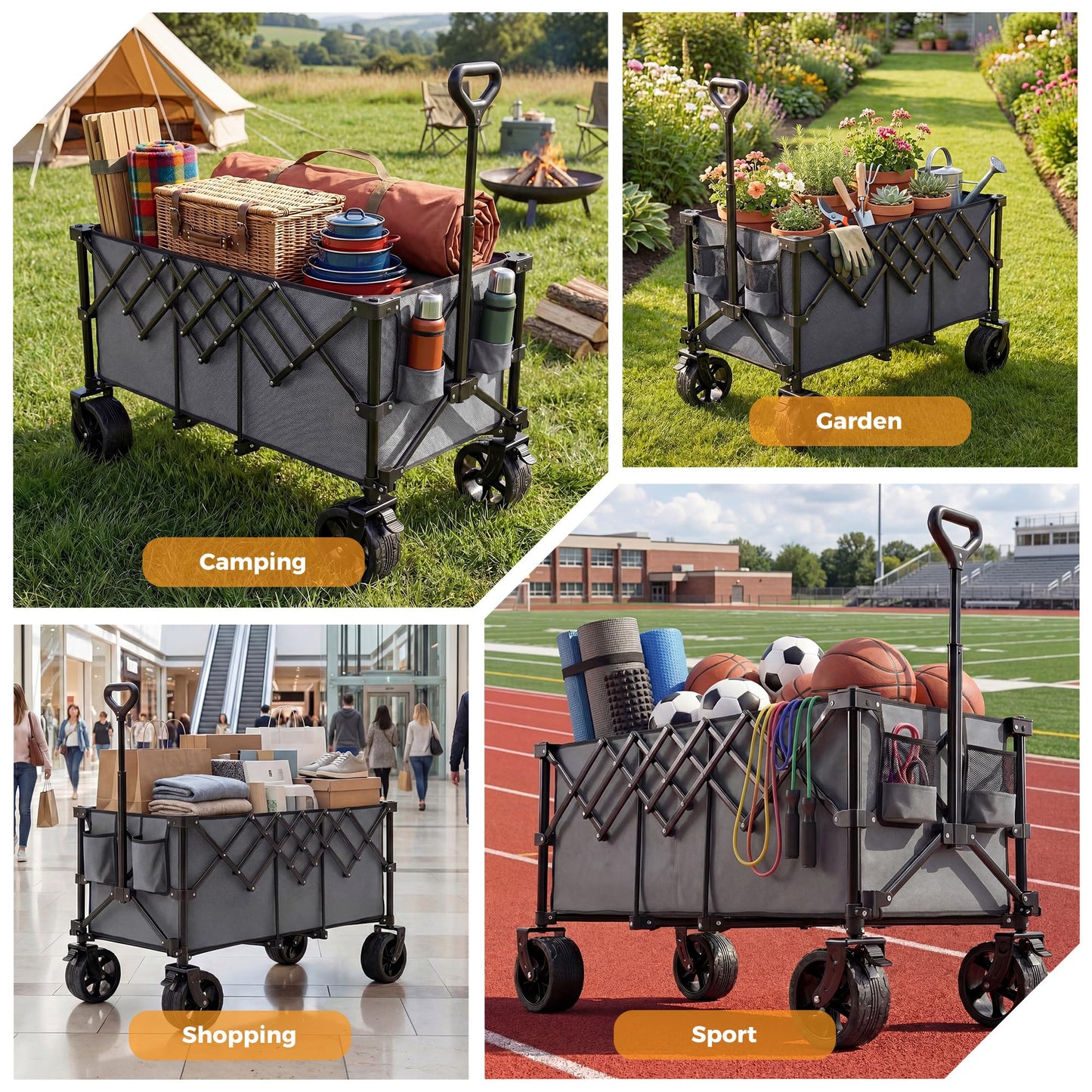 NEWBULIG Wagon Carts Foldable - 440LB Extra-Long Heavy-Duty Collapsible Wagon with All-Terrain Wheels, Portable Storage Shopping Cart for Groceries, Camping, Sports, Beach, Garden