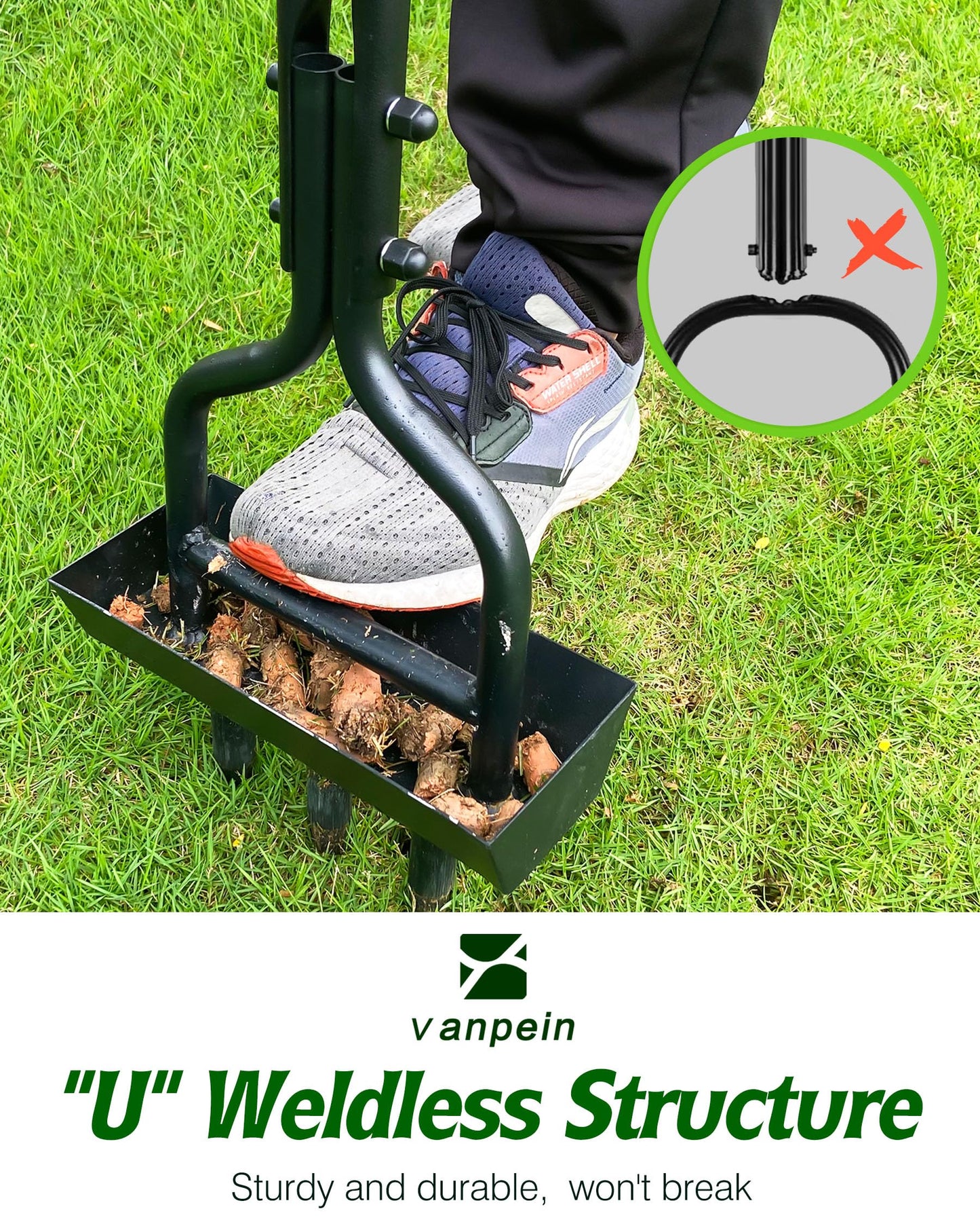 Lawn Aerator Garden Tool with Soil Core Tray, 38” Manual Grass Plug Aerators & A Cleaning Tool, Coring Aeration Tools with 3 Tines for Gardening, Soil Compaction, Lawn Yard Care, Patented Black