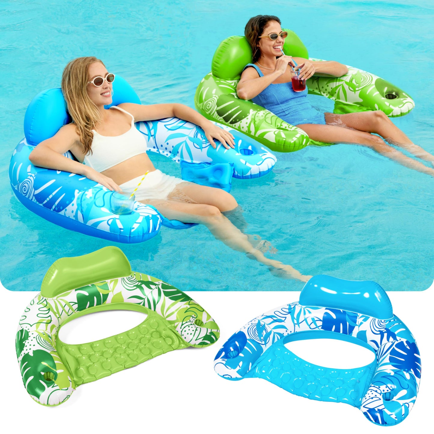 SLOOSH Inflatable Pool Floats Adult,2 Pack Pool Chairs with Cup Holders,X-Large Blow up Floats Chair,Hammock Noodle Mat Leaves Design for Relaxing Summer Water Fun Swimming Party Beach,Blue,Green
