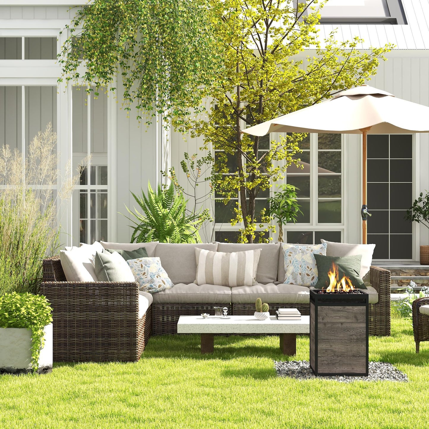 Afterglow Terrafab Grey Panels with Steel Frame 16" Square 40,000 Btu Propane Fire Column Outdoor Wood Effect Fire Pit for Outdoor Patio Garden Backyard Decking Decor CSA Certificated