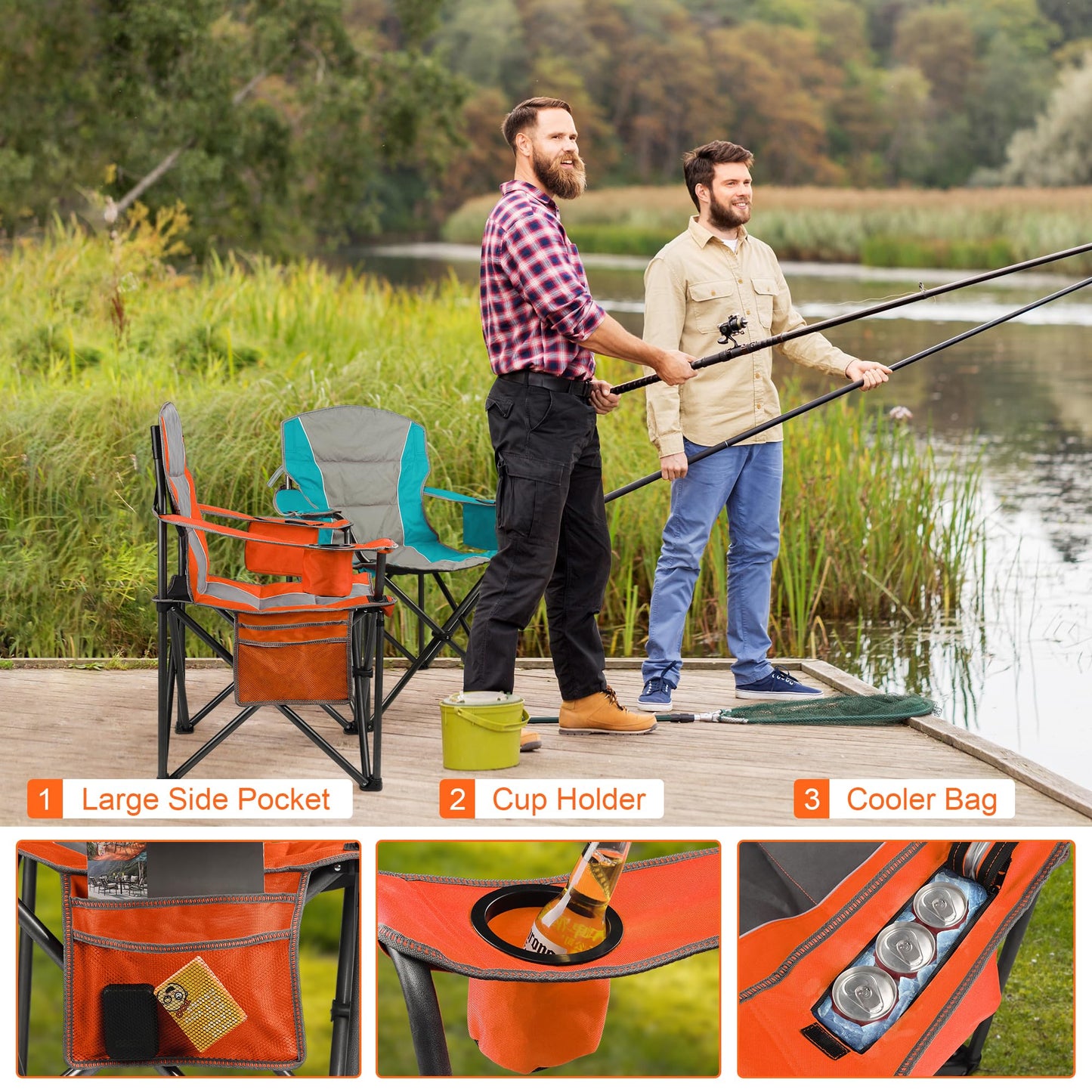 LANMOUNTAIN 2 Pack Padded Oversized Camping Chairs for Adults,Heavy Duty Support 400 Lbs,Folding Portable Lawn Chair w/Cup Holder,Cooler Bag,Side Pocket,Perfect for Outdoor Picnic,Hiking(Orange&Blue)