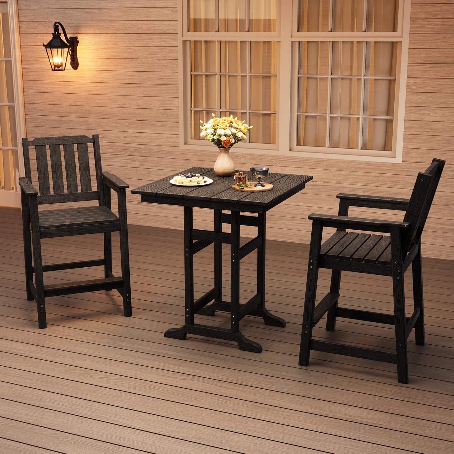 GarveeHome Outdoor Slatted Bar Table and Chairs Set for 3, 3-Piece Bar Height Table and Chairs with Umbrella Hole and Footrest, HDPE All-Weather Patio Bar Set for Balcony, Backyard, Poolside, Black