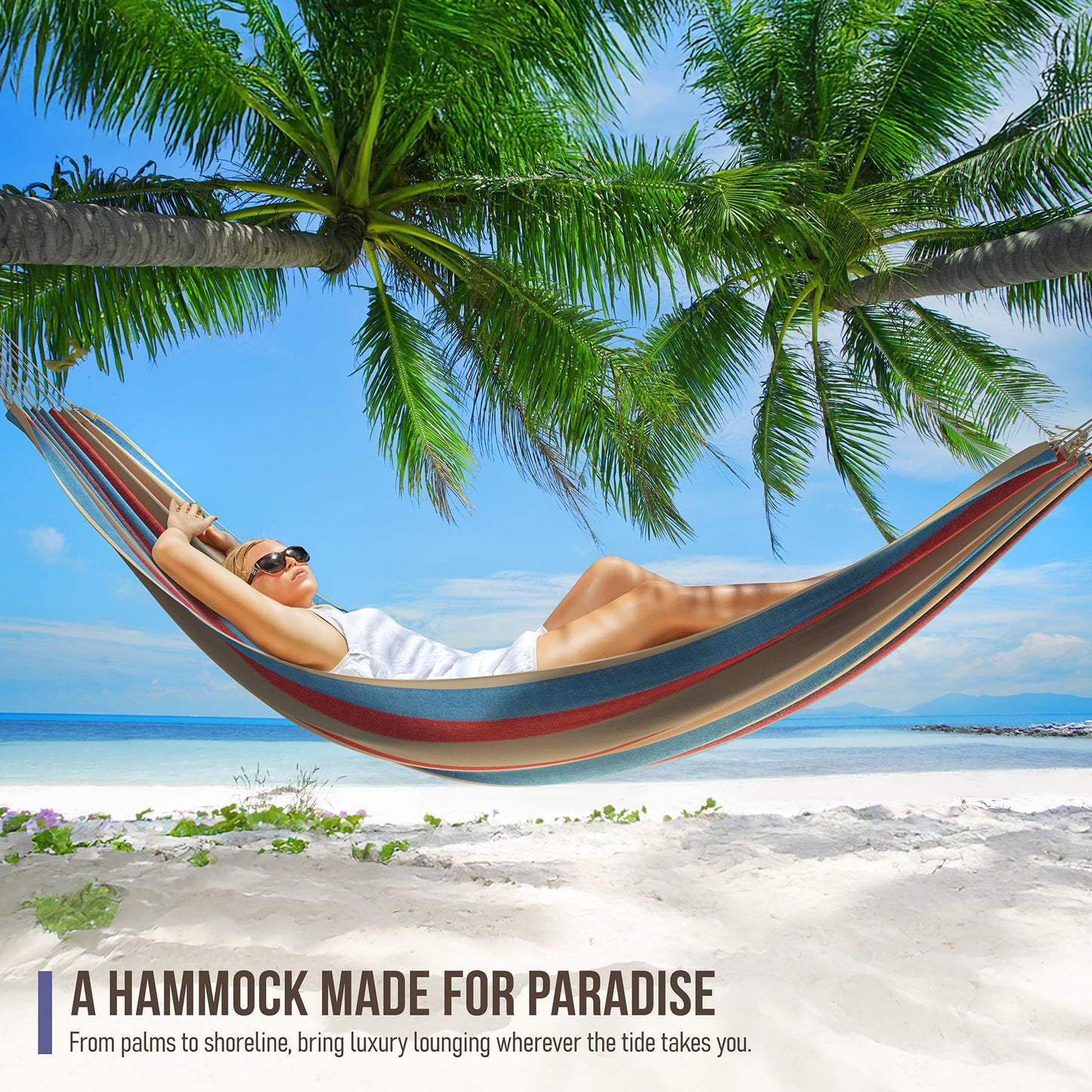 Sorbus® Brazilian Double Hammock - Extra-Long Two Person Portable Hammock Bed for Indoor or Outdoor Spaces - Hanging Rope, Carrying Pouch Included (Blue/Sand/Purple/Red Stripes)