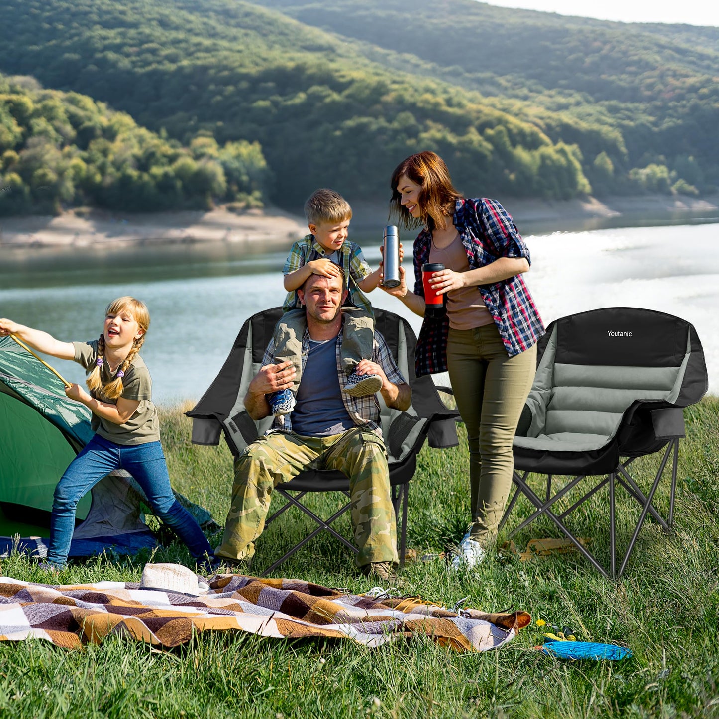 Youtanic Oversized Camping Chair, Portable Folding Camping Chairs with Side Pocket, Cup Holder and Carry Bag, Heavy Duty Outdoor Camping Chairs for Adults, Fishing, Sports, Trip, up to 400lbs, Style 4