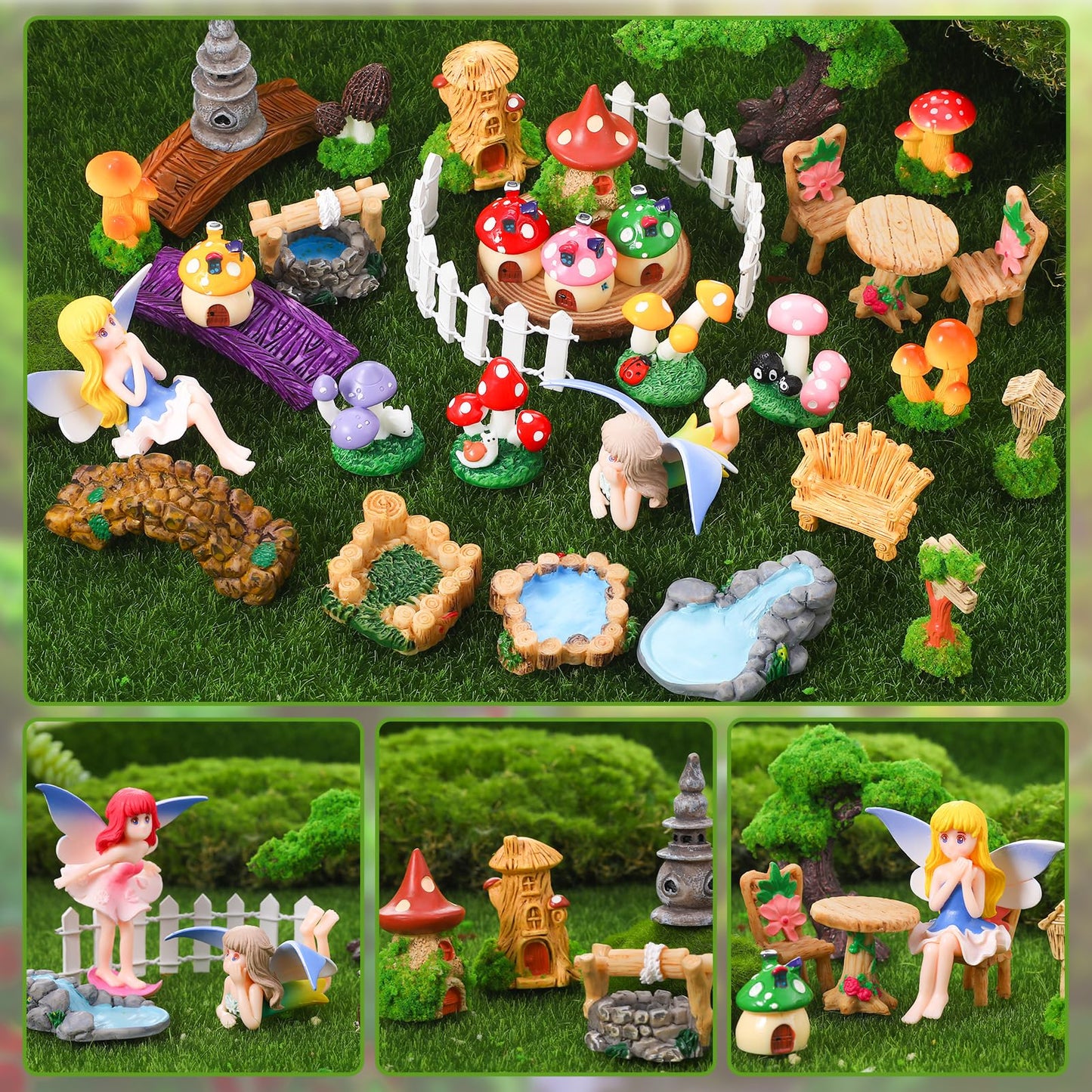 GGSTDDUP 32 Pcs Fairy Garden Accessories Mini Fairy Figures Miniature Table and Chairs Bridge Mushroom Lighthouse Water Well Pond Landscape Ornaments Kit for DIY Garden Potted Desk Decor