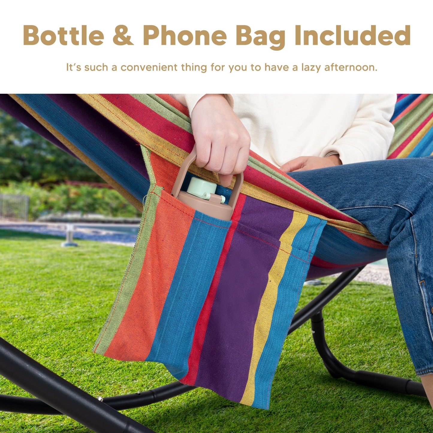 SUNCREAT Portable Space Saving Hammock with Stand, Two Person Hammock with Stand Included, Patent Pending, Rainbow