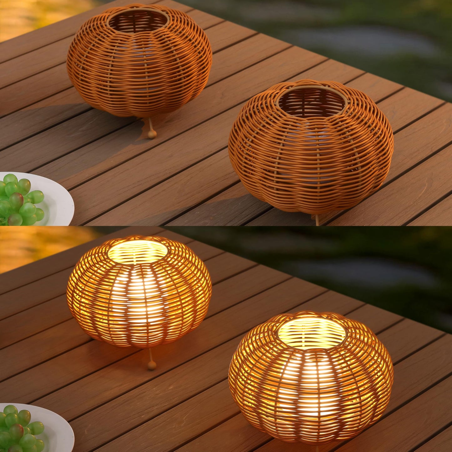 JONATHAN Y 5.75" Light Brown Modern Bohemian Indoor/Outdoor Faux Rattan Lantern Table Lamp Set of 2, Rechargeable Cordless Dimmable Integrated LED for Deck, Patio, Porch JYL7156A-SET2