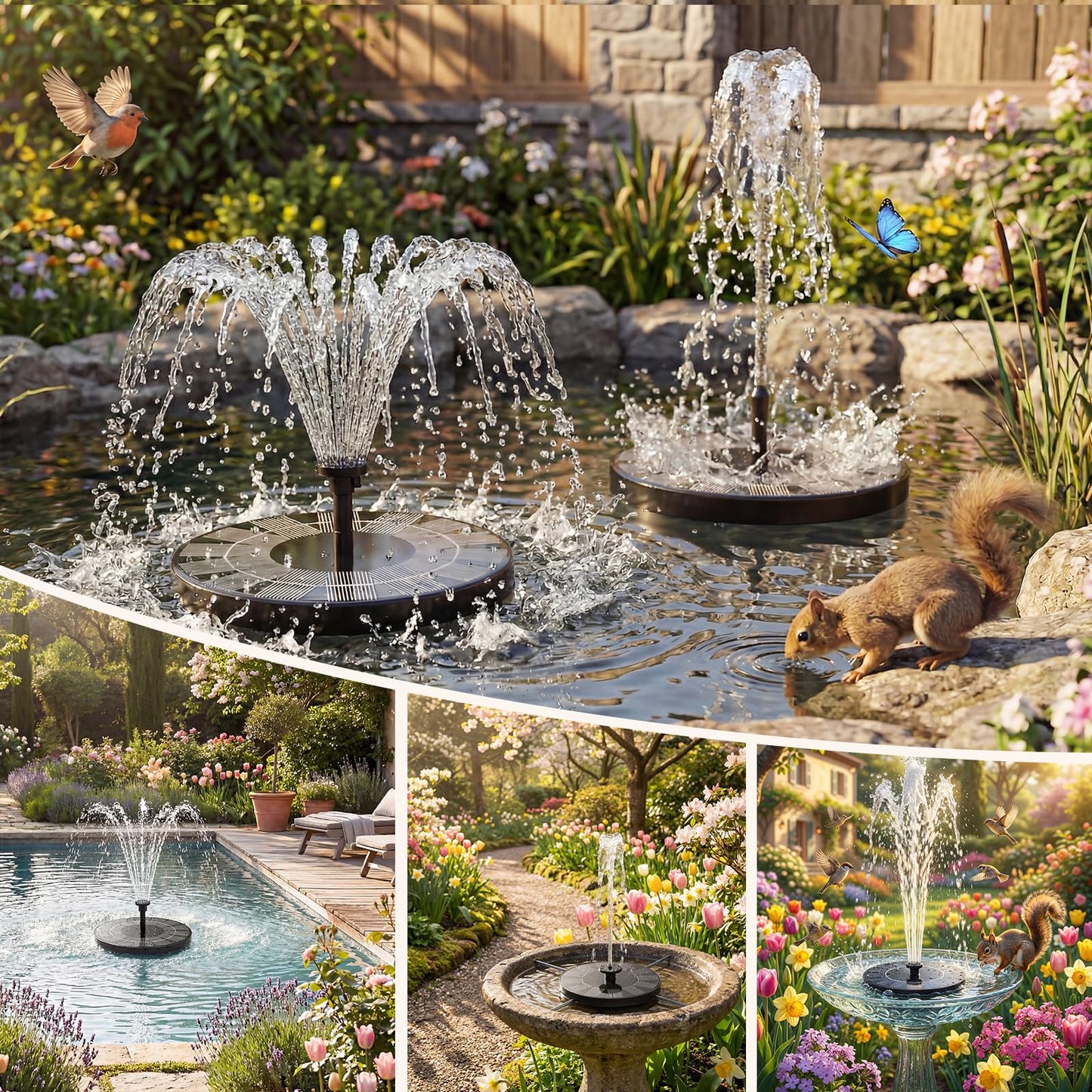 AISITIN 2.5W Solar Bird Bath Fountain Pump, Solar Fountain for Bird Bath with 6 Nozzles, 6.7" Solar Powered Water Pump for Garden, Ponds, Pool, Fish Tank, Aquarium and Outdoor