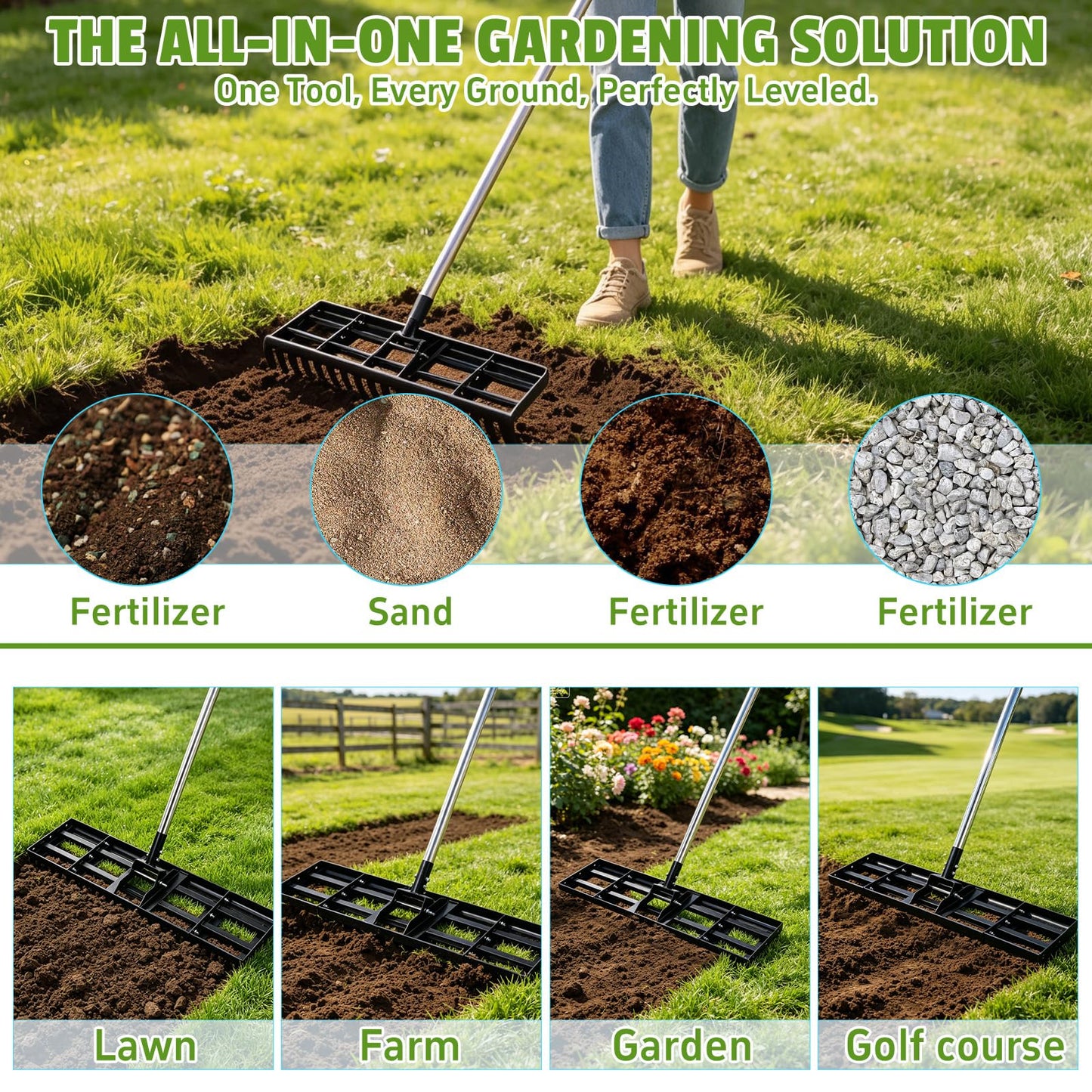 Lawn Leveling Rake for Soil, 17"-30" Modular Interlocking Stainless Steel Lawn Leveler, 78"Adjustable Handle Yard Leveling Rake, Anti-Flip Ground Leveler for Yard, Sand, Topdressing, Golf Course, Farm