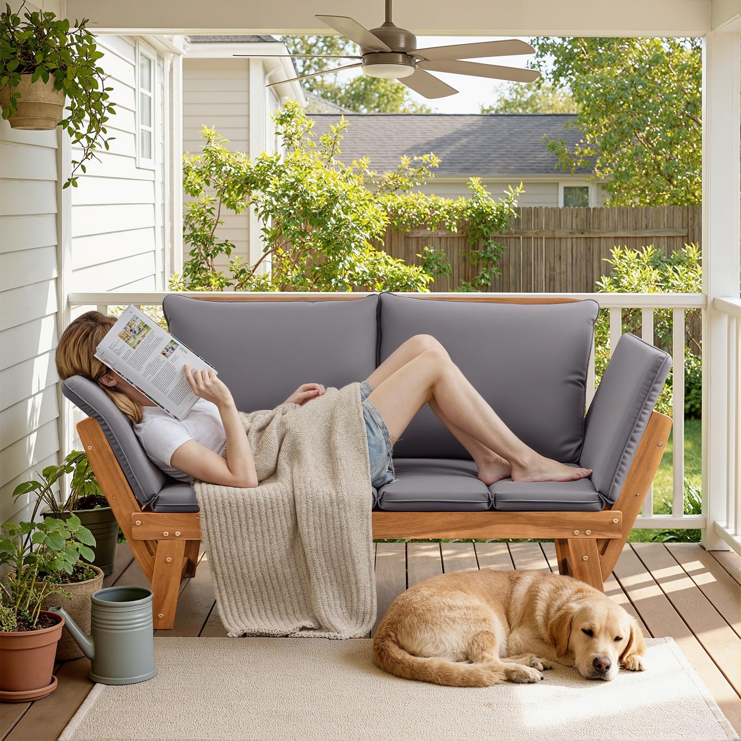Flamaker Outdoor Couch with Adjustable Armrests, Acacia Wood Patio Loveseat with Soft Cushions, Convertible Patio Furniture for Balcony, Porch, Backyard (Grey)
