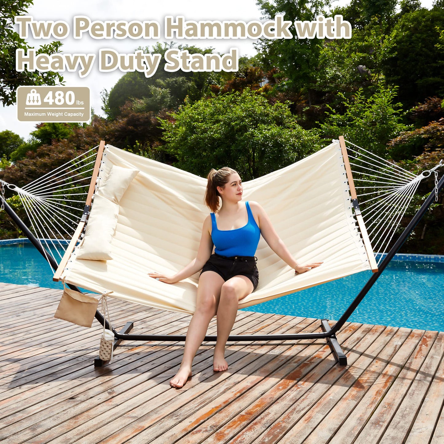 Homgava Two Person Hammock with Stand for Outside Heavy Duty, Outdoor Patio Hammock with Portable Steel Stand, Large Double Hammocks,480lbs Capacity.(Off White)