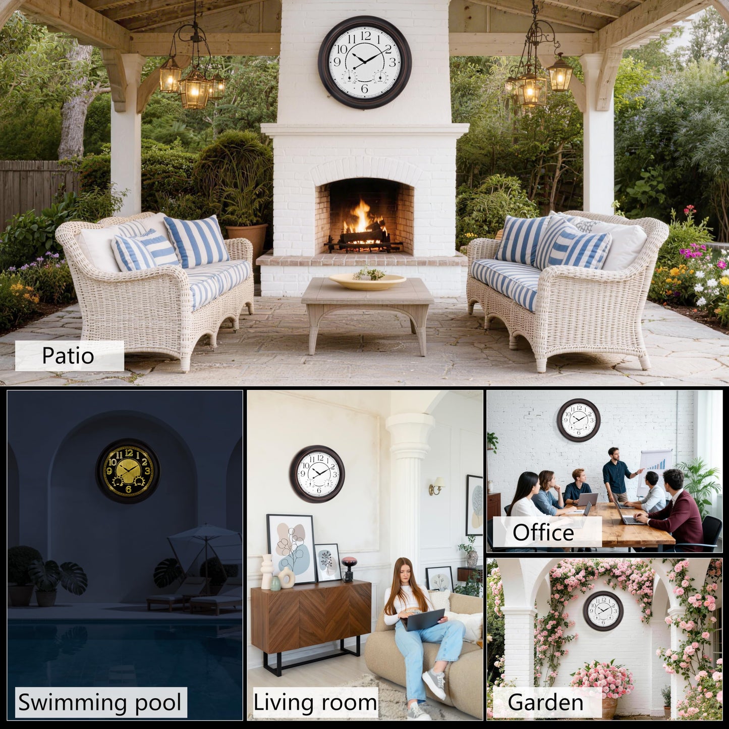 18 Inch Large Illuminated Outdoor Wall Clock, Waterproof Wall Clock with Smart Night Light Sensor, Lighted Large Wall Clock with Thermometer & Hygrometer for Patio Pool Porch Garden & Home Decor