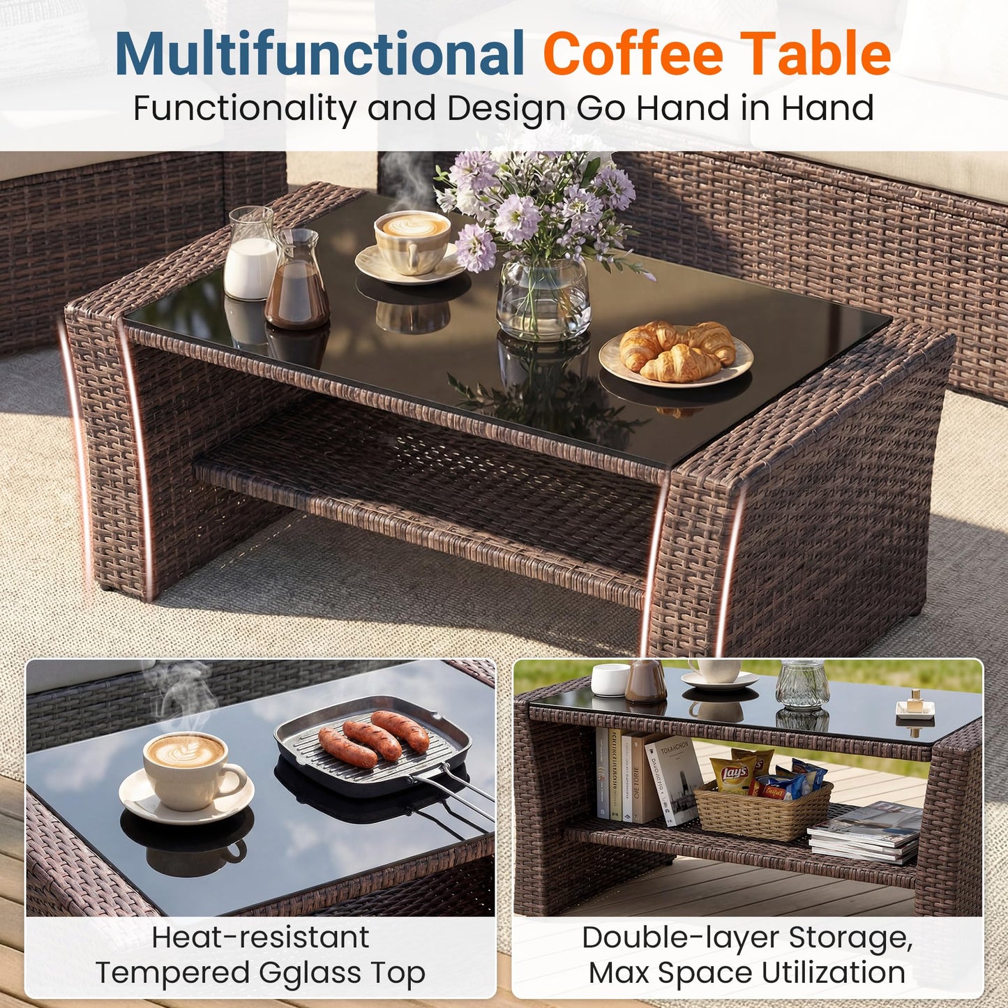 Wisteria Lane Patio Furniture Set, Wicker Outside Outdoor Furniture for All Weather, Patio Sofa with High Backrest Support and Wide Armrest for Backyard, Balcony, Deck, Porch, Brown