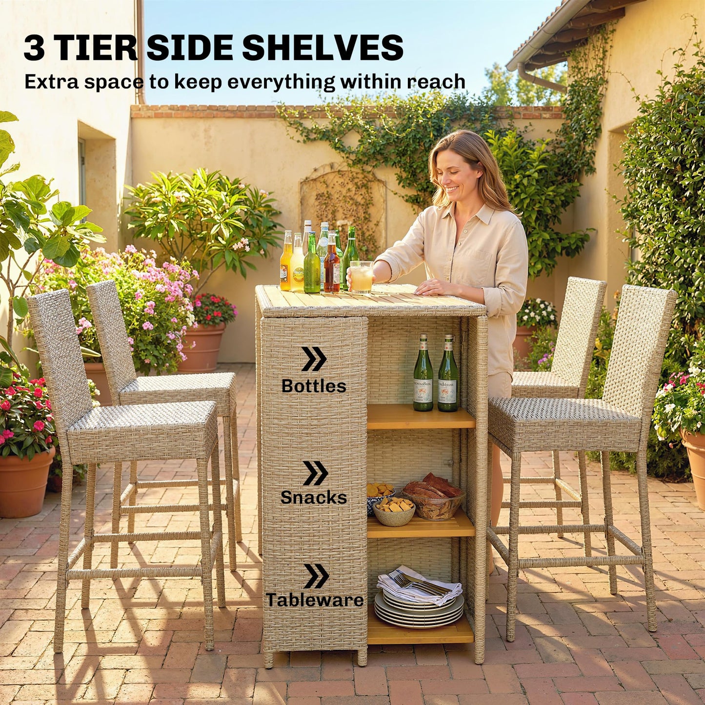 Outsunny 5 Piece Outdoor Bar Set, Wicker Outdoor High Top Table and Chairs, 3 Tier Shelves, Acacia Wood Bar Height Patio Set, 4 Barstools with Cushions, Back, Footrest for Garden, Backyard, Brown