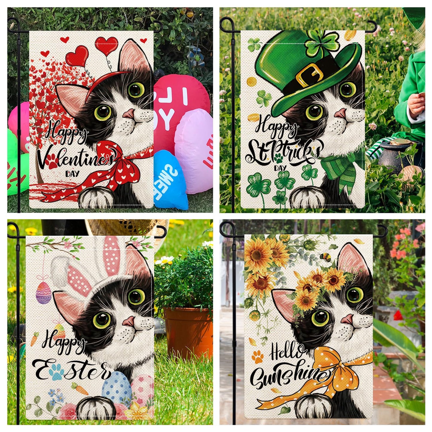 YOVOYOA Cute Black Cat Garden Flags for Outside Set of 12, Welcome Seasonal Garden Flags 12x18 Double Sided, Kitten Yard Flags for All Seasons and Holidays, Winter Spring Yard Flag for Holiday Decor