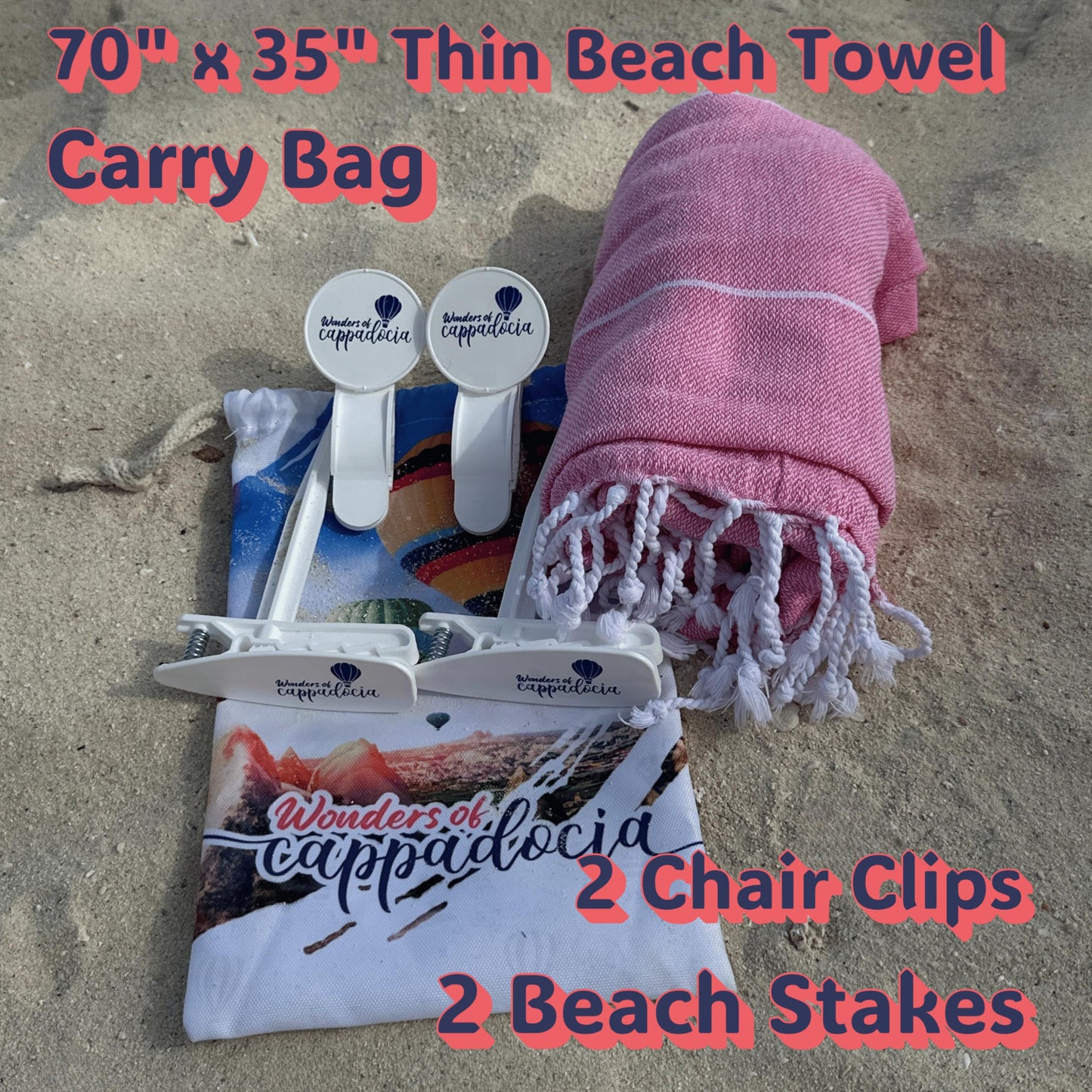 Turkish Cotton Beach Towel with Design Bag and Sand Clips - (70 x 35 inch) Oversized Travel Blanket for Women, Quick Dry Sand Proof Lightweight Compact, Ideal for Beach and Outdoor Use