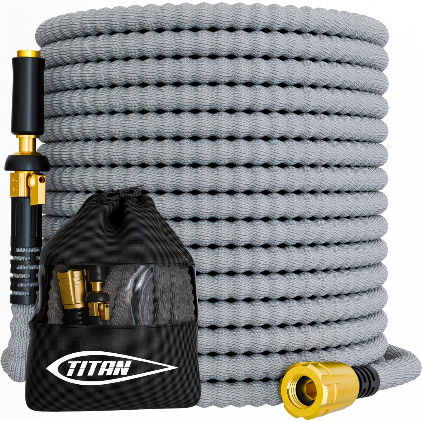 TITAN Flexible Garden Hose 50FT – Ultra Lightweight, Heavy Duty Water Hose with Brass Fittings & Jet Nozzle – Kink-Free, Non-Expanding, Durable Fabric Hose for Yard, Lawn, Car Wash, Outdoor Use