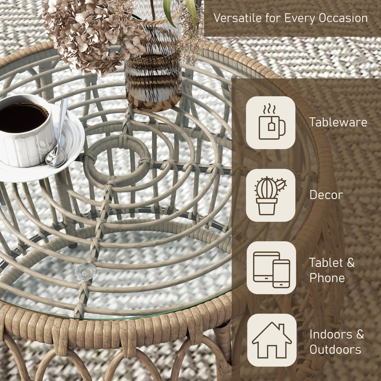 Furniture of America Ysar Boho Rattan Round Coffee Table Outdoor with 5mm Tempered Glass Top, All-Weather and Rust Resistant Patio Furniture