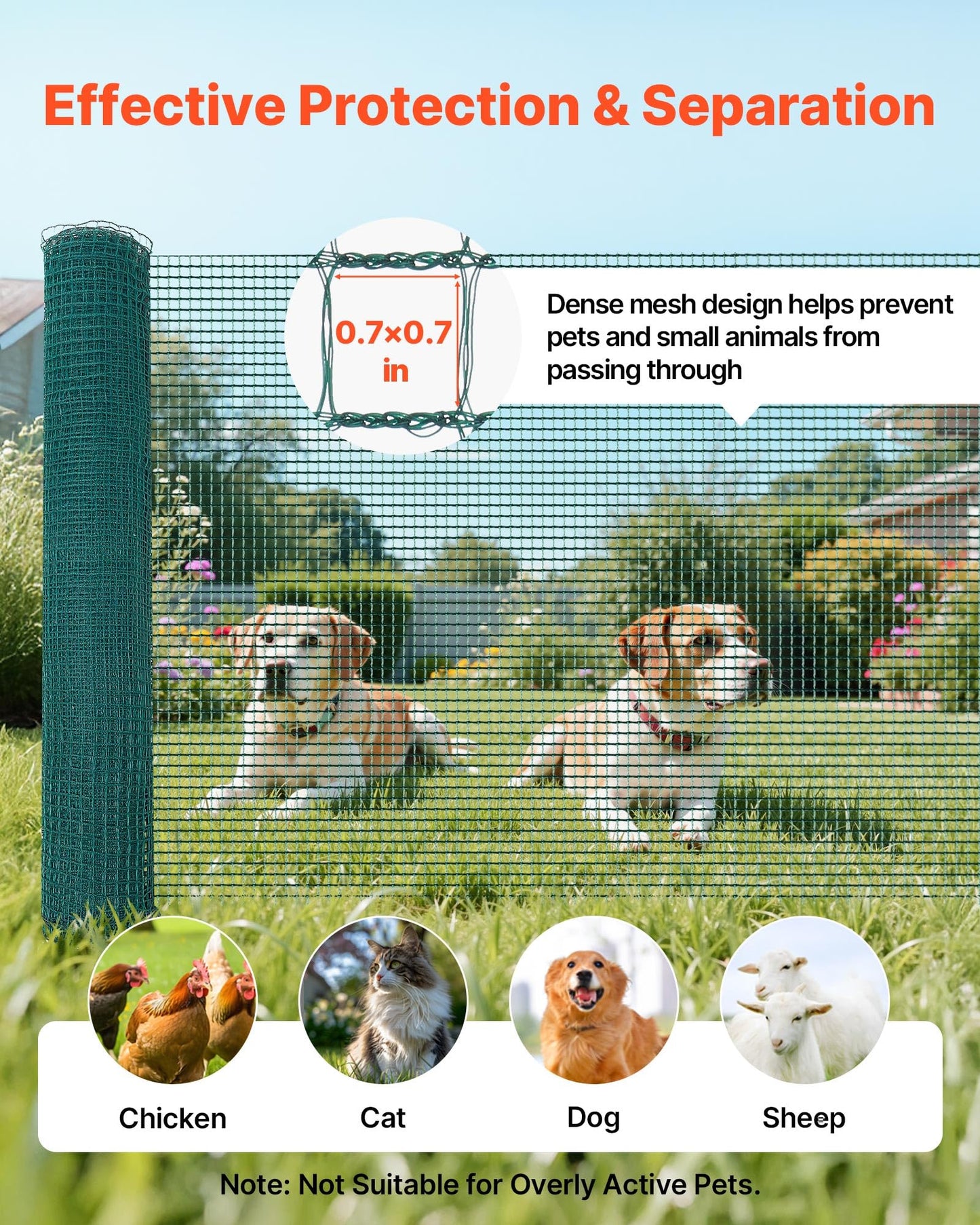VEVOR Temporary Fence with Posts, 3 x 49.2 FT Plastic Mesh Fencing, Garden Safety Fences Netting with Double-Spike Stakes & Guy Ropes, Temporary Fence for Dogs, Chickens, Plants, Outdoor Yards