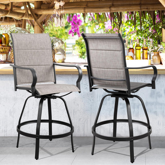 Shintenchi 2 Piece Patio Swivel Bar Chairs, All Weather Padded Textile Outdoor Metal Bar Stools Patio Chairs Set of 2, High Top Bistro Set Furniture for Balcony, Backyard, Lawn Garden, Deck, Taupe