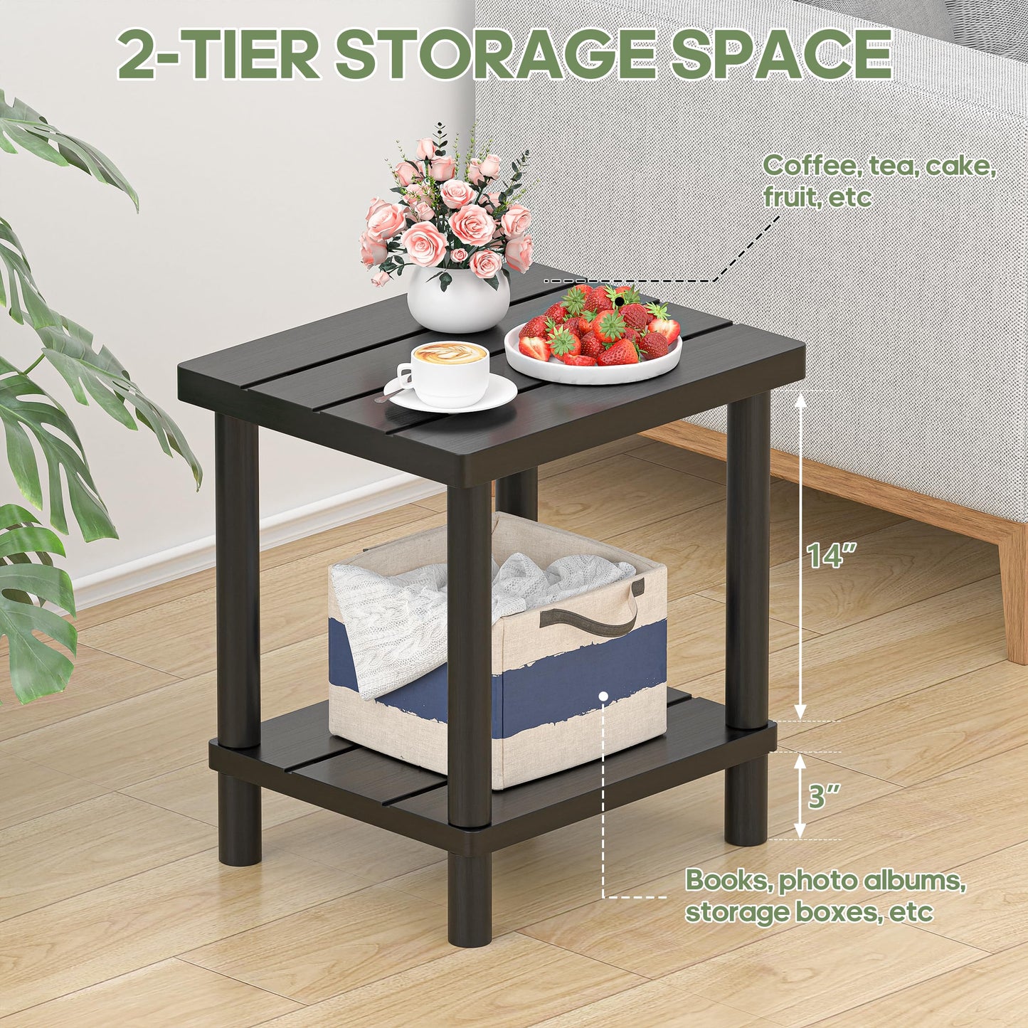 LEJANEOYE Outdoor Side Table, 2-Tier Small Outdoor Table for Patio, Adirondack Side Tables for Outside or Indoor, Bamboo End Table for Pool, Porch, Weather Resistant Easy Maintenance-Black