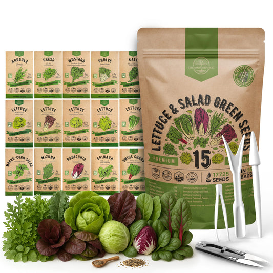 Organo Republic 15 Lettuce & Salad Greens Seeds Variety Pack 17700+ Non-GMO Heirloom Lettuce Seeds for Indoors & Outdoors Garden, Hydroponics, Aerogarden - Arugula, Kale, Spinach, Swiss Chard, Lettuce