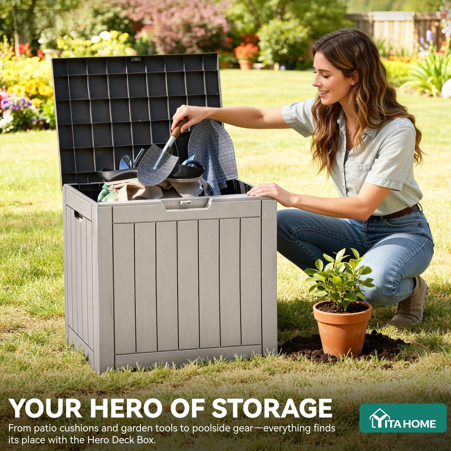 YITAHOME 31 Gallon Outdoor Storage Deck Box, Waterproof Resin Package Delivery and Storage Box with Lockable Lid for Patio Furniture Cushions, Pool Accessories, Garden Tools, Taupe