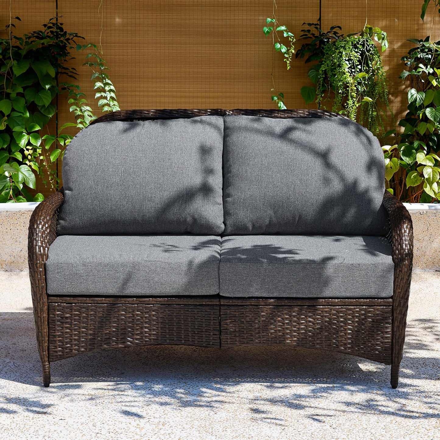 Tribesigns Outdoor Wicker Loveseat with 5.5'' Thick Cushions, 2-Seater Patio Sofa with 26.8'' Deep Seat, All-Weather Patio Wicker Loveseat for Porch, Deck, Backyard, Poolside, Gray/Brown